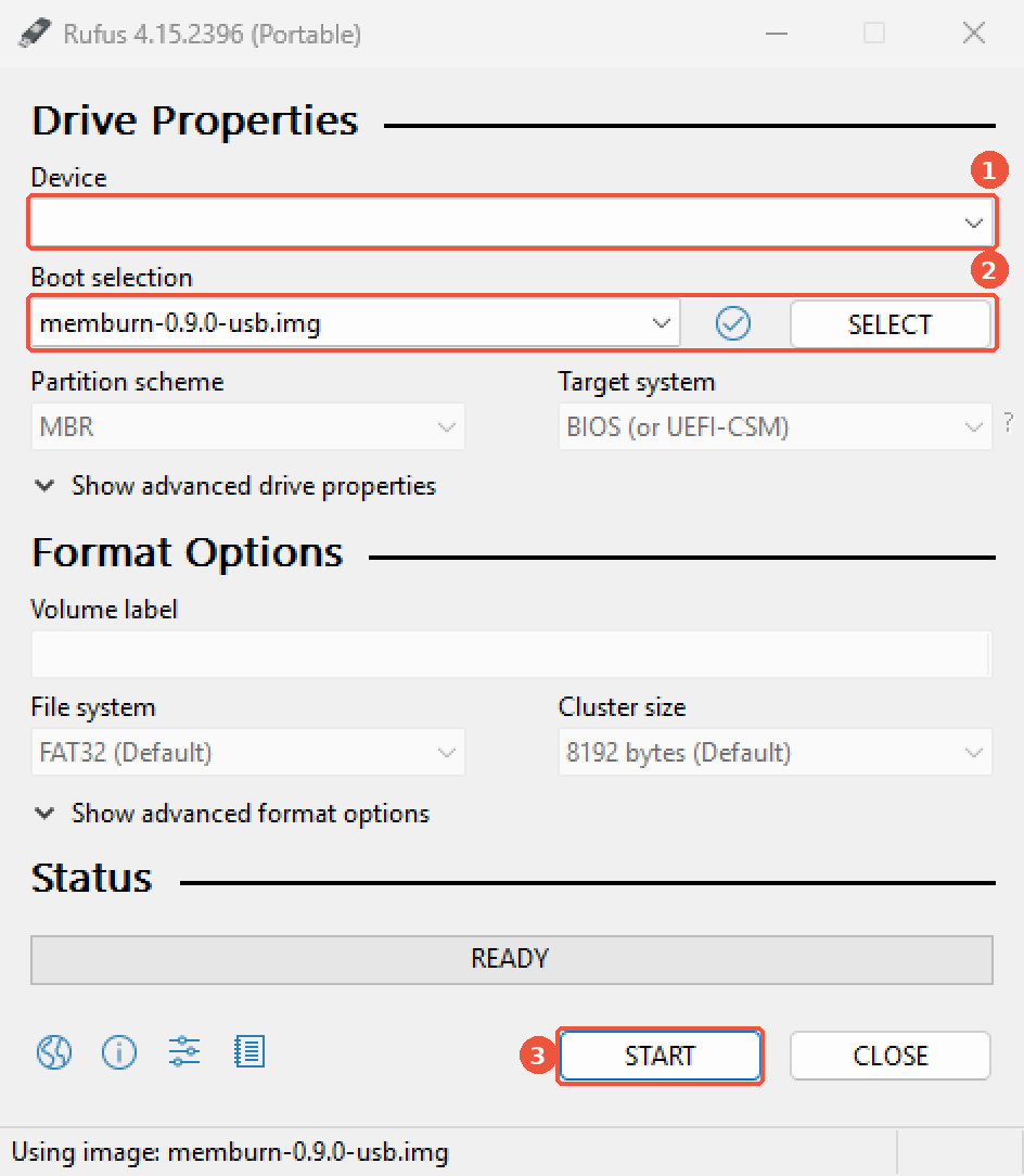 Rufus 4.15 with memburn-0.9.0-usb.img selected: 1 Device, 2 Boot selection and SELECT, 3 START